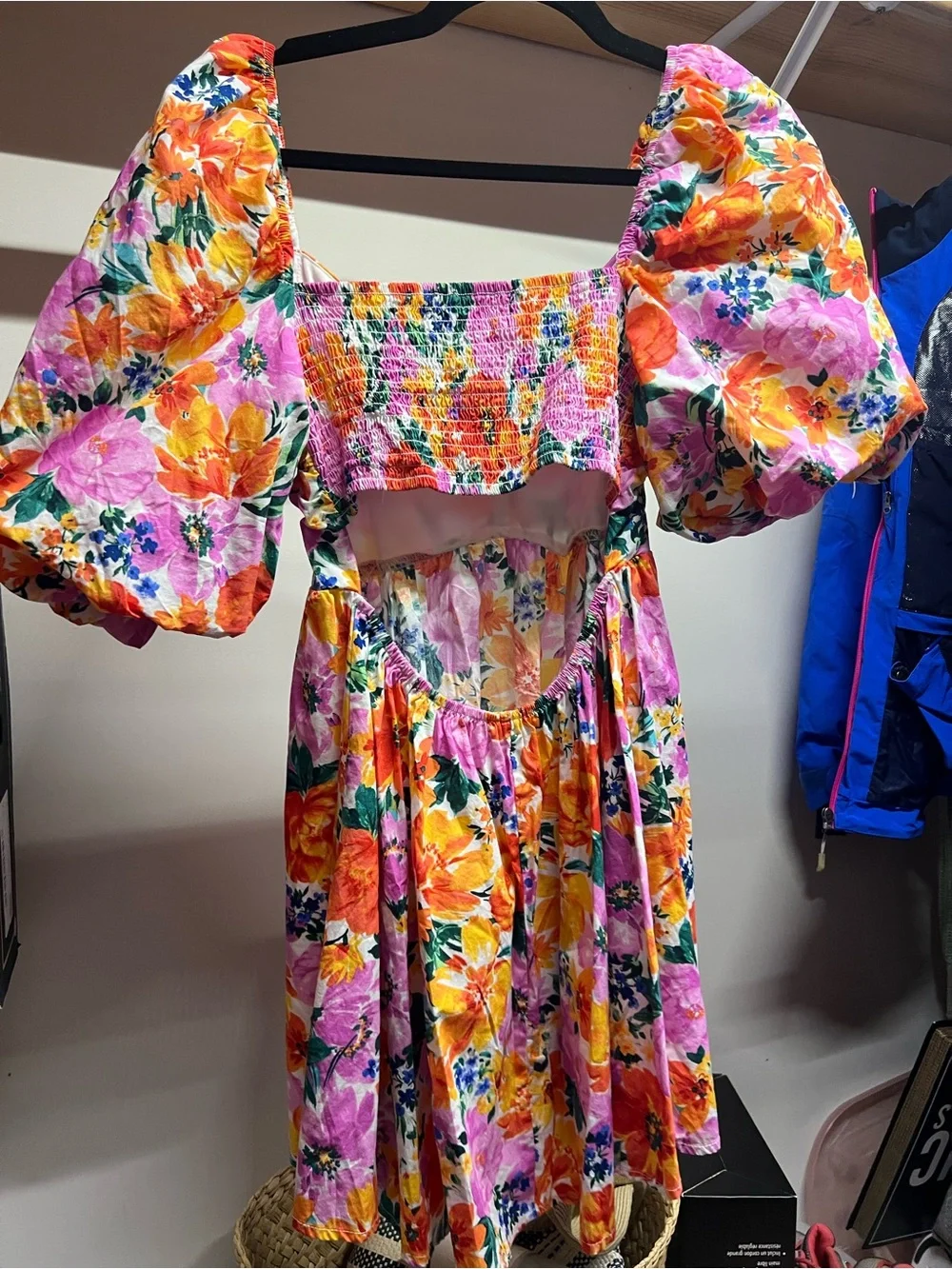 Altar’d State Cyndella Floral Puff-Sleeve Mini Dress in Pink and Orange